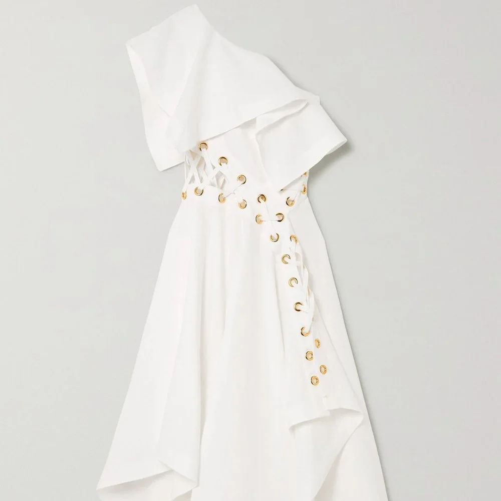 ALEXANDER MCQUEEN One-shoulder eyelet-embellished ruffled linen-poplin dress - Picture 3 of 4